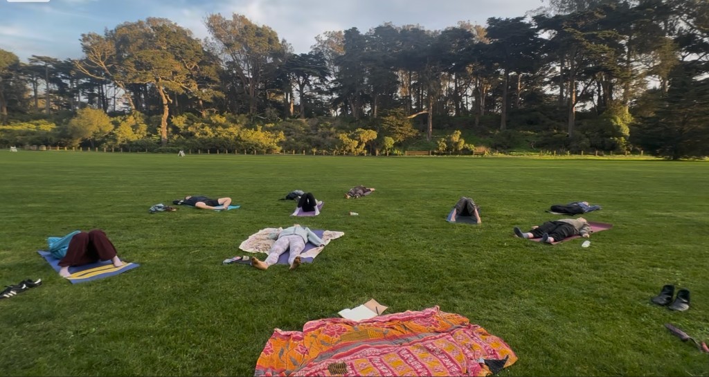 Group resting on mats in a grassy meadow